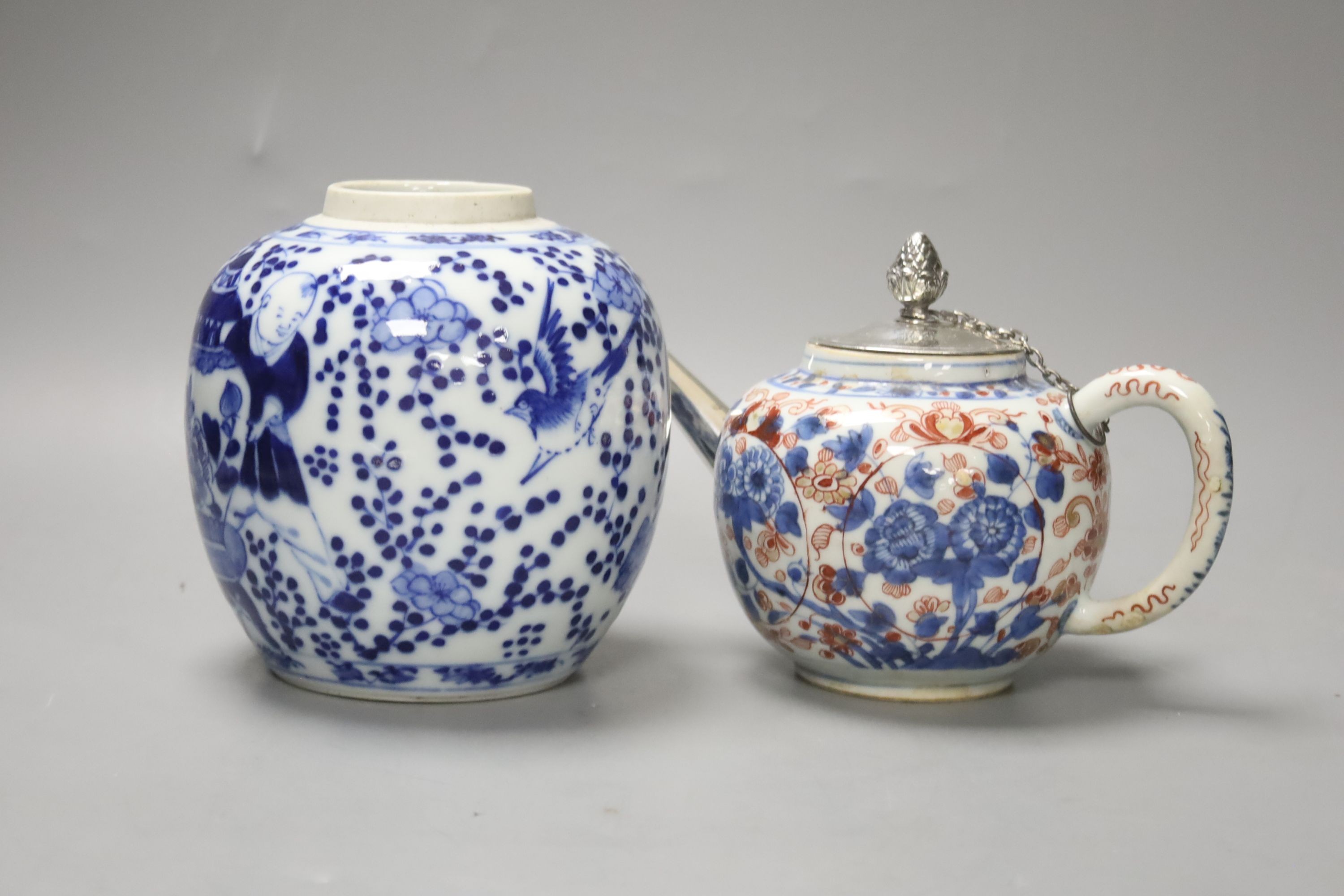 A Chinese Imari porcelain teapot with white metal cover, H 12cm, together with a 19th century Chinese blue and white jar, Kangxi marks to the underside, an eastern metal bowl and plate